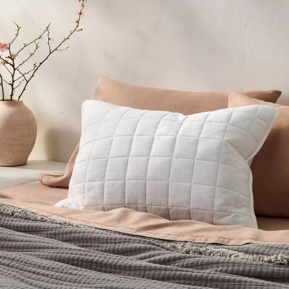 Casaluna Heavyweight Linen Blend White Quilted & Zippered Standard Pillow Sham - Picture 1 of 6